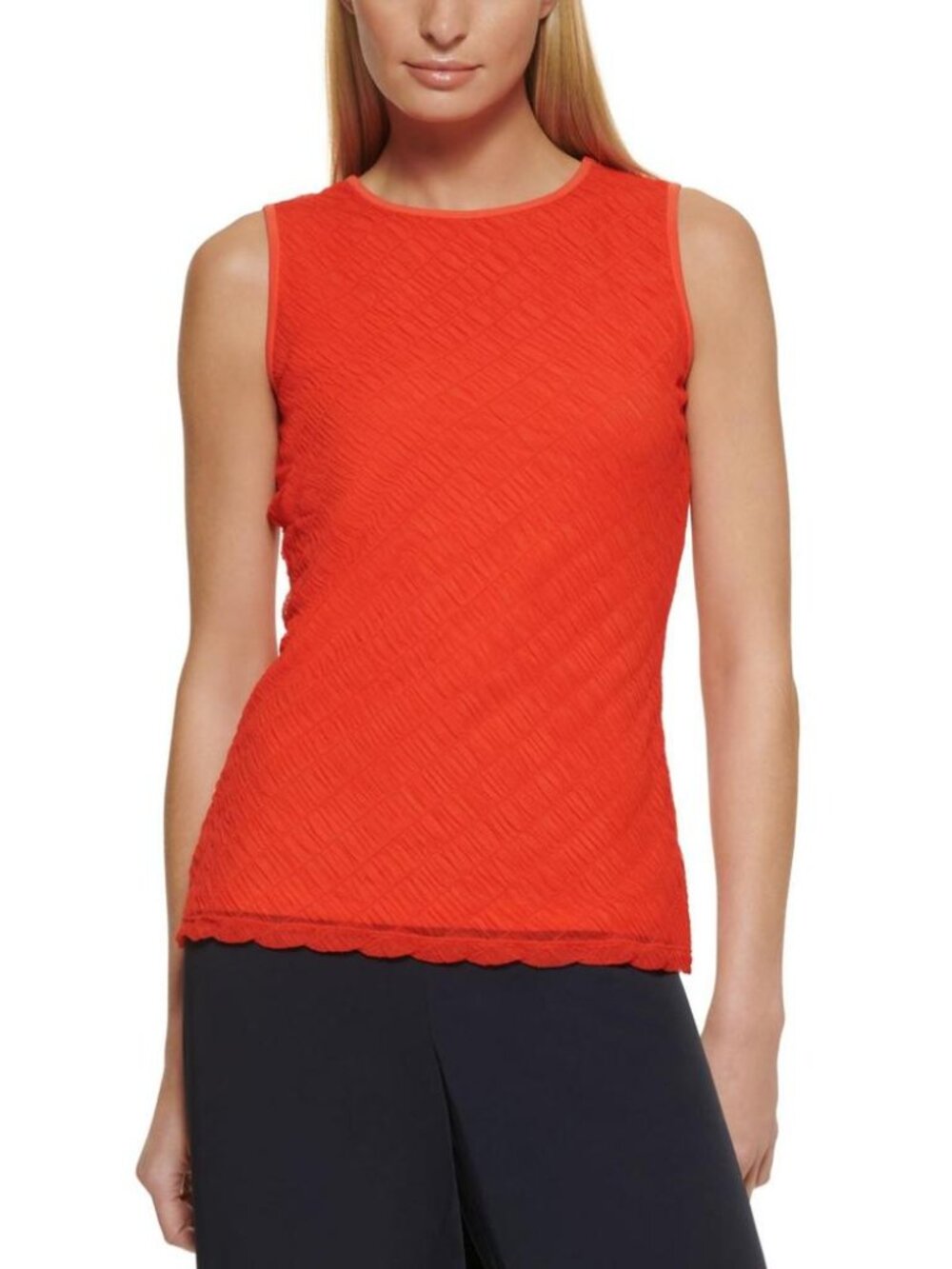 DKNY orange asymmetric textured jewel neck tank